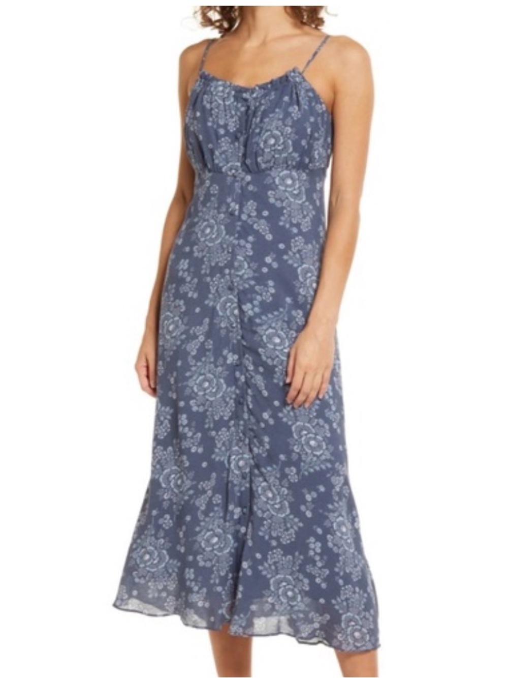 Madewell Slate Blue Floral Midi Dress with Spaghetti Straps